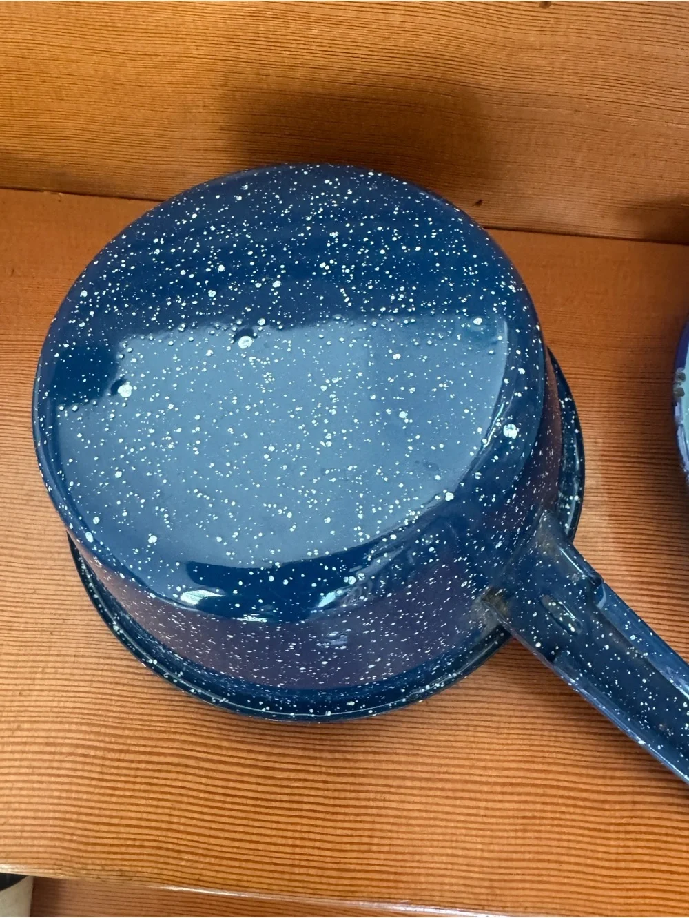 2 Blue Speckled Enamel Saucepans for camping, decor or up-cycle